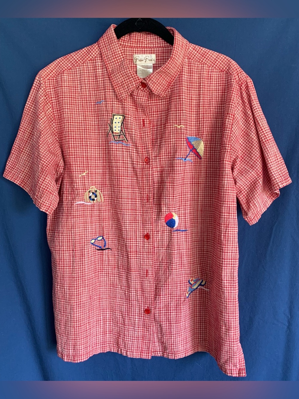 Bobbie Brooks Red Checked Short-Sleeve Button-Down with Beach Embroidery